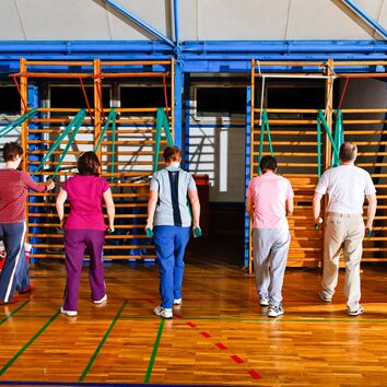 Gruppe älterer Menschen trainieren mit dem Theraband an der Sprossenwand